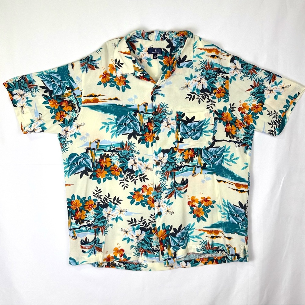 George Hawaiian Tropical Floral Aloha Shirt - Orange, Teal Size L Excellent‎